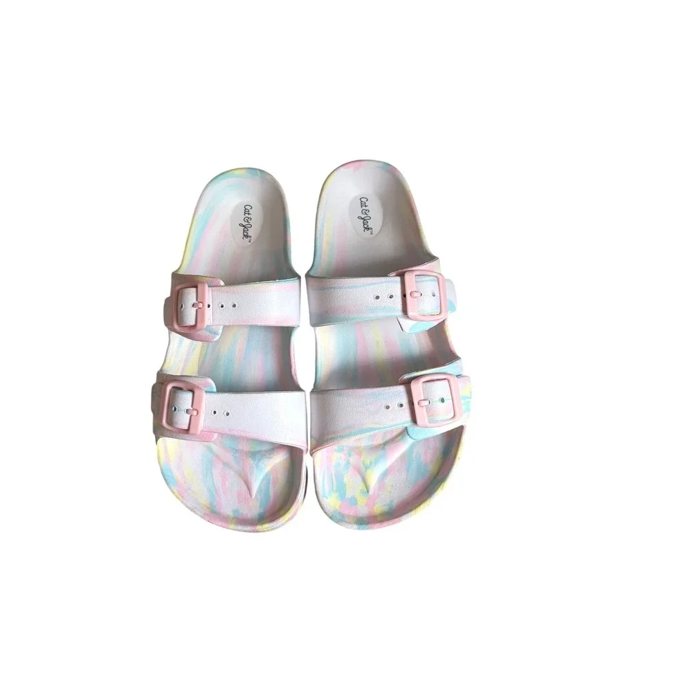 Cat & Jack Girls Pastel Marble Double Strap Slide Sandals Pink Blue Size 5